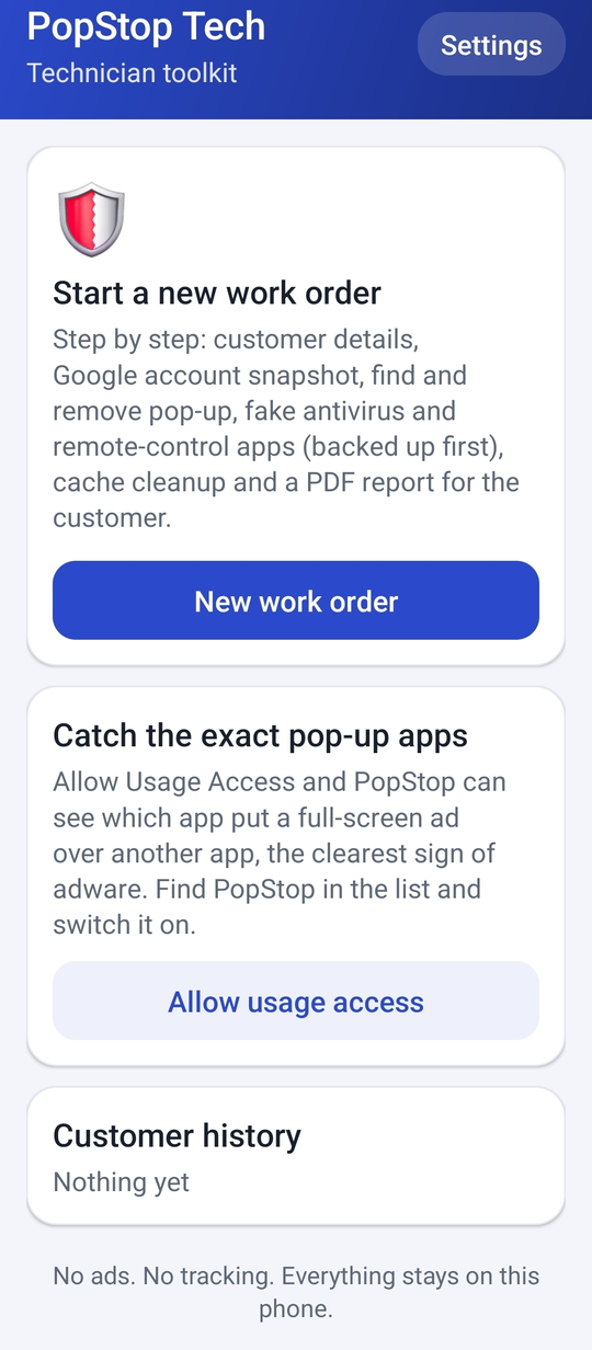 PopStop Tech home screen: start a new work order, catch the exact pop-up apps, customer history